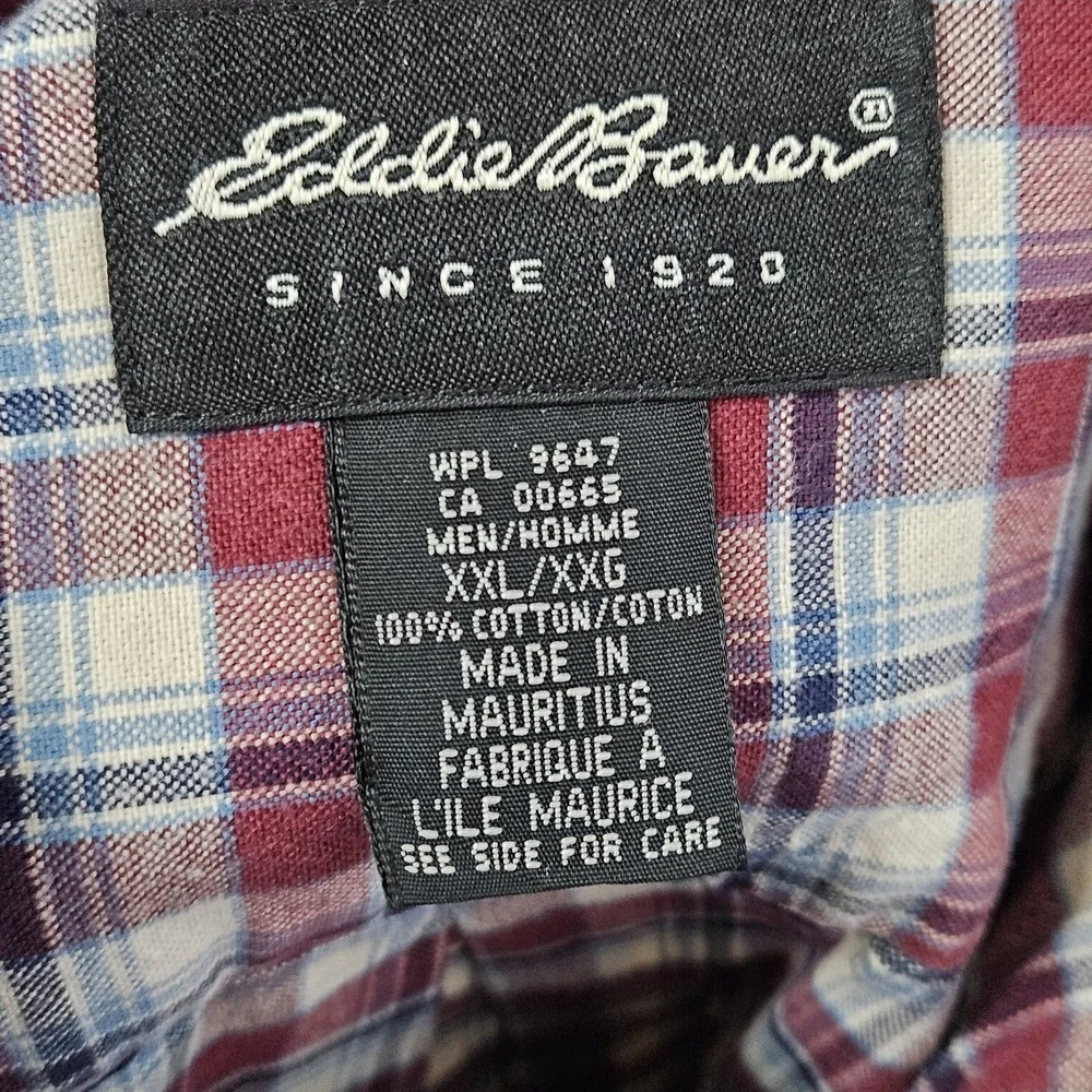 Eddie Bauer Shirt Mens XXL Maroon Blue Plaid Cotton Long Sleeve‎ Button Down